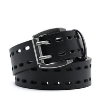 Black full-grain leather belt coiled around an antiqued double-prong buckle