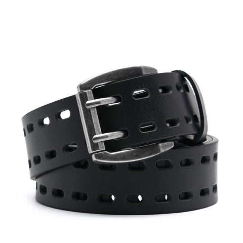 Black full-grain leather belt coiled around an antiqued double-prong buckle