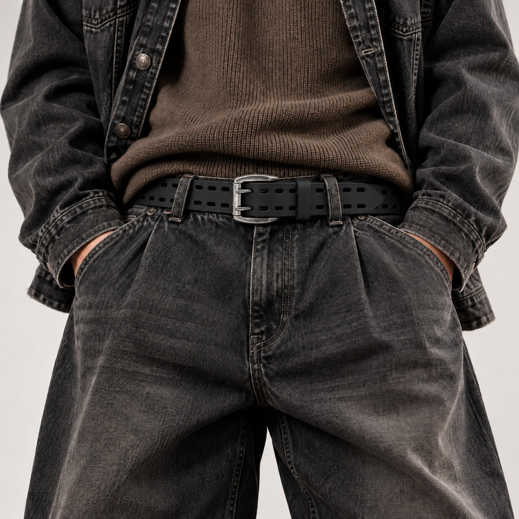 Men's Full-Grain Leather Double Prong Belt for Jeans and Casual Wear