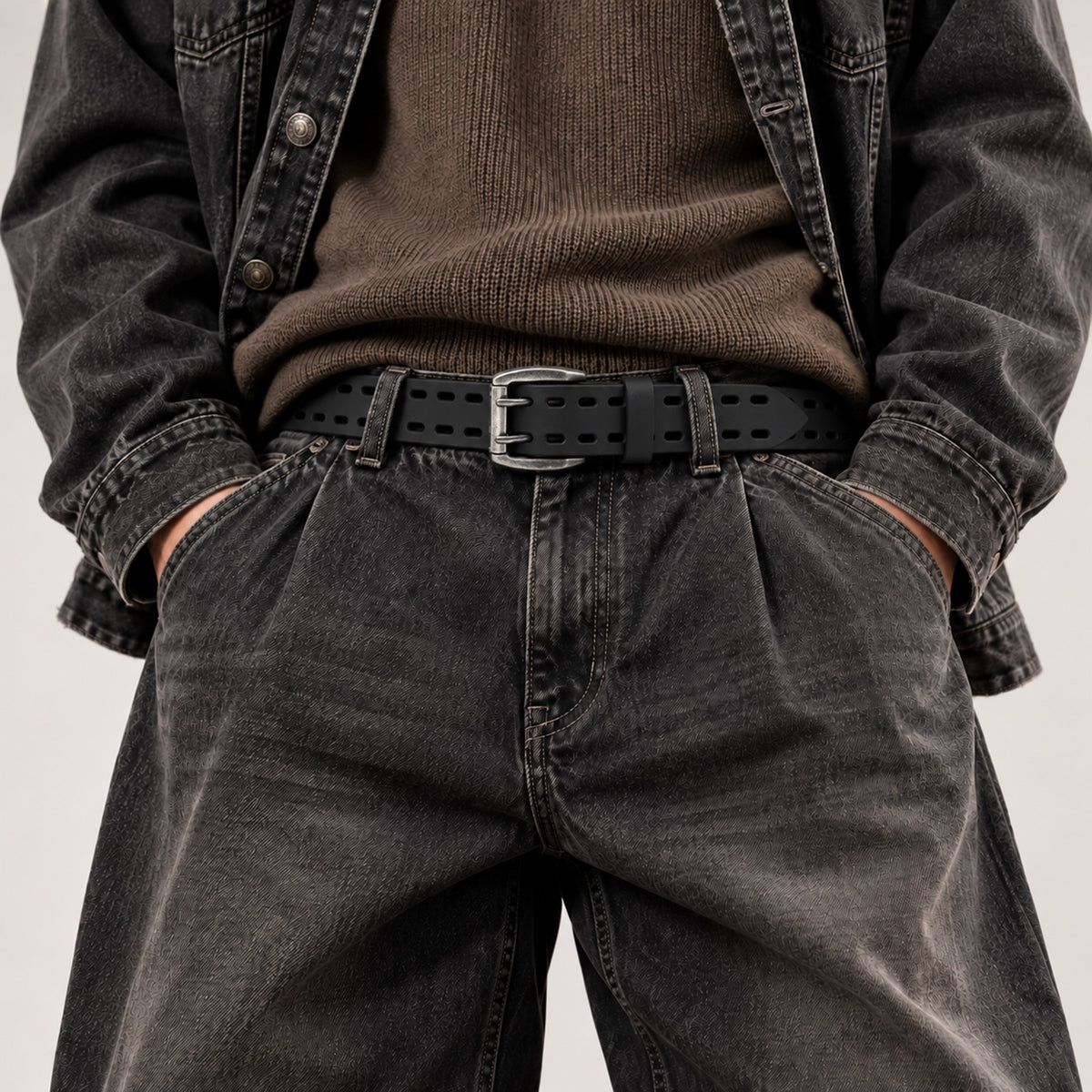 Men's Full-Grain Leather Double Prong Belt for Jeans and Casual Wear