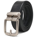 Black leather ratchet belt coiled with a matte rounded-rectangle zinc-alloy automatic buckle