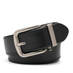 Black leather belt with a matte automatic buckle, single-row edge stitching, and painted edges