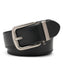 Black leather belt with a matte automatic buckle, single-row edge stitching, and painted edges