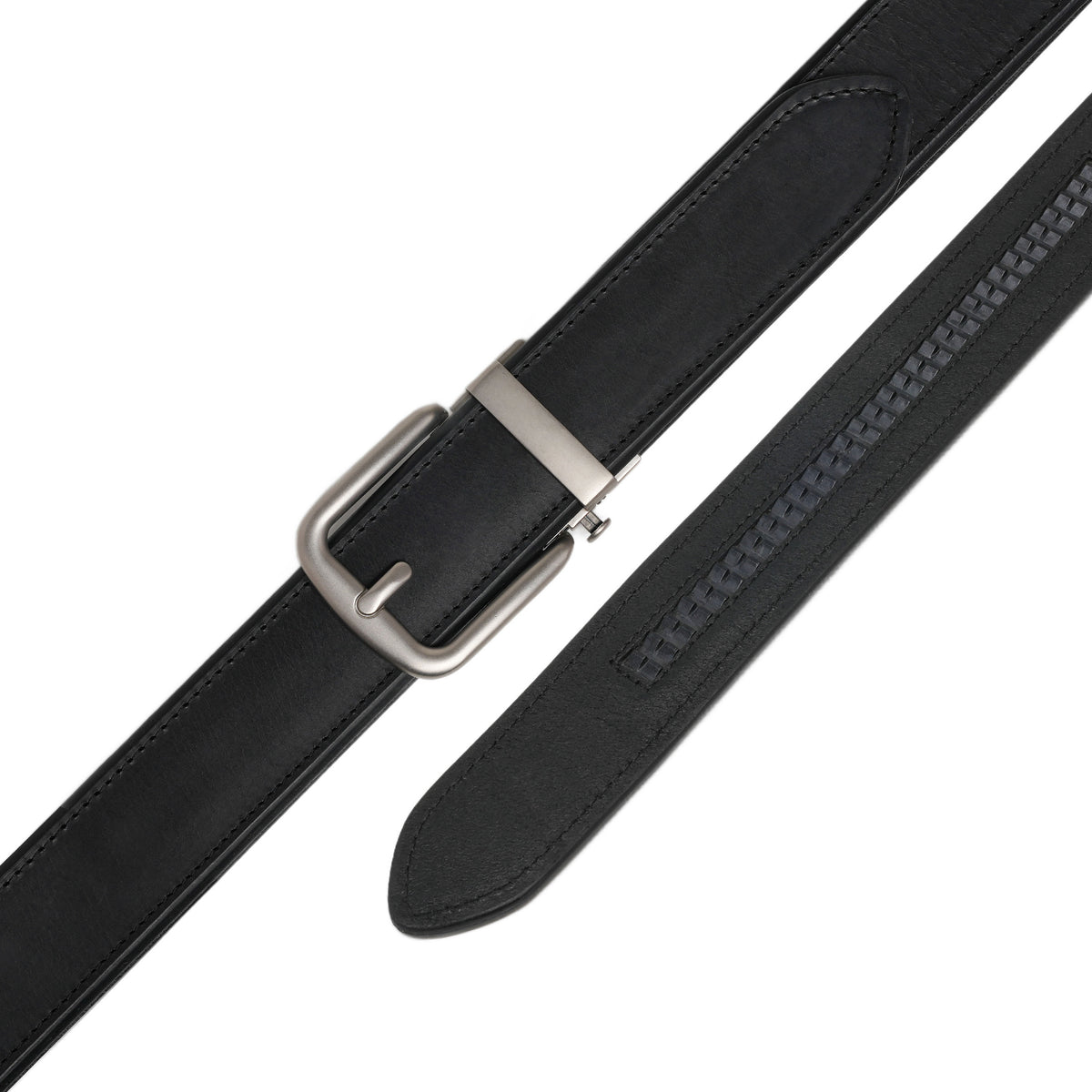Black leather ratchet belt laid flat with its detachable buckle and visible adjustment track
