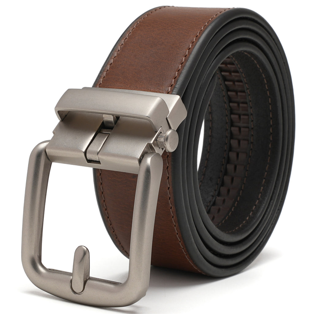 Brown leather ratchet belt coiled with a matte rounded-rectangle zinc-alloy automatic buckle