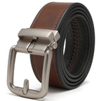 Brown leather ratchet belt coiled with a matte rounded-rectangle zinc-alloy automatic buckle