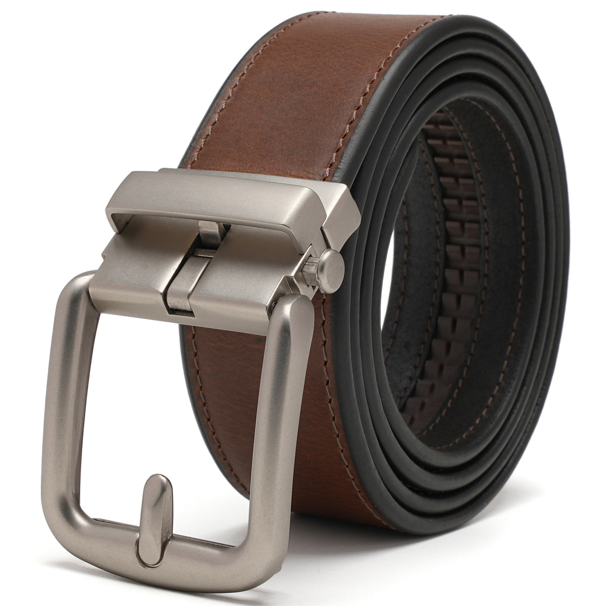 Brown leather ratchet belt coiled with a matte rounded-rectangle zinc-alloy automatic buckle