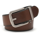 Brown leather belt with a matte automatic buckle, single-row edge stitching, and painted edges