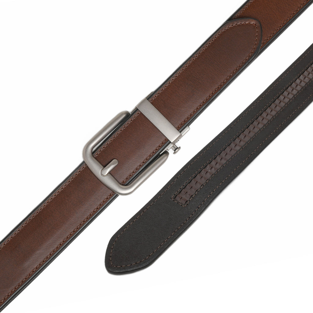 Brown leather ratchet belt laid flat with its detachable buckle and visible adjustment track