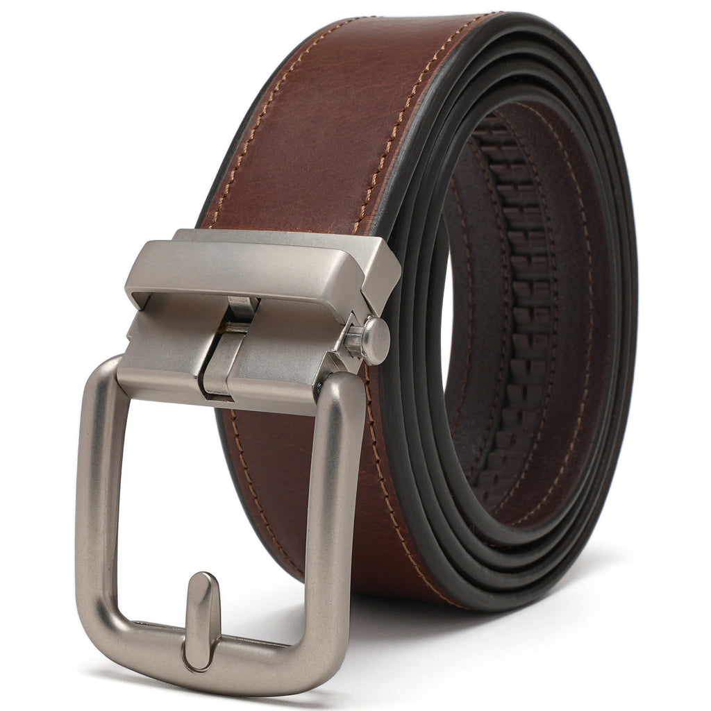 Cognac leather ratchet belt coiled with a matte rounded-rectangle zinc-alloy automatic buckle