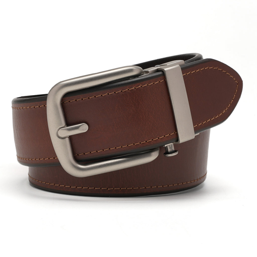 Cognac leather belt with a matte automatic buckle, single-row edge stitching, and painted edges
