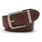 Cognac leather belt with a matte automatic buckle, single-row edge stitching, and painted edges