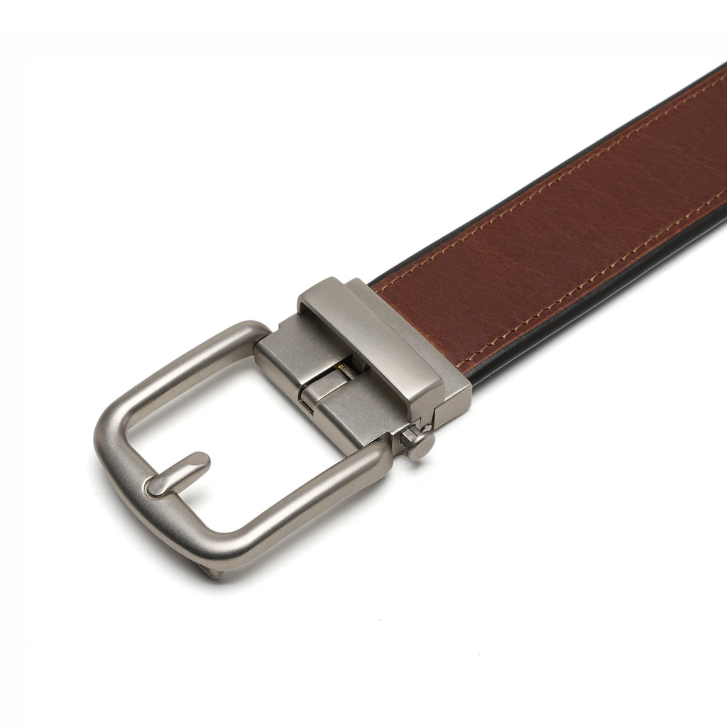 Close view of the Cognac leather strap and matte rounded-rectangle automatic buckle