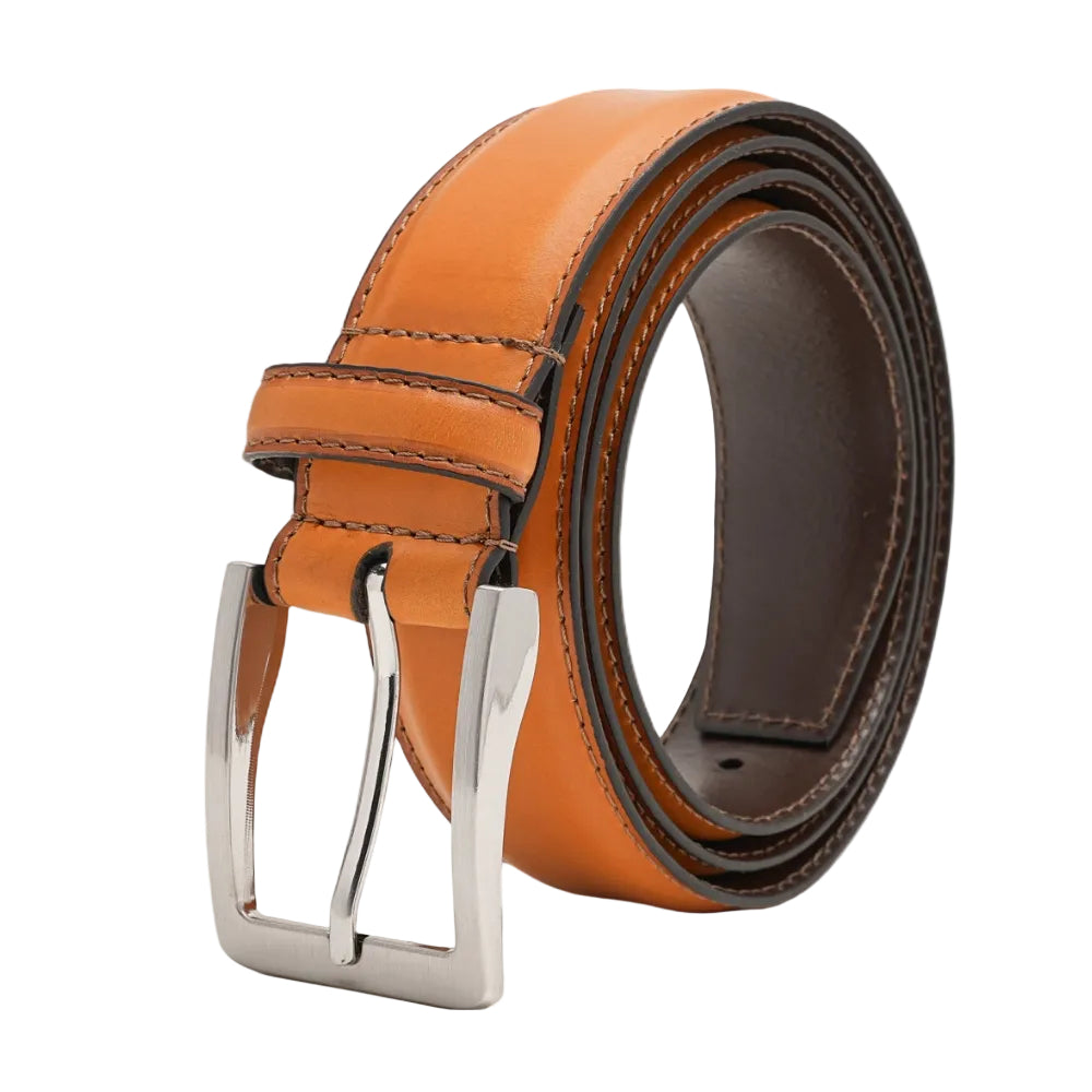 Classic Double-Stitch Full-Grain Leather Single Prong Buckle Men's Belt
