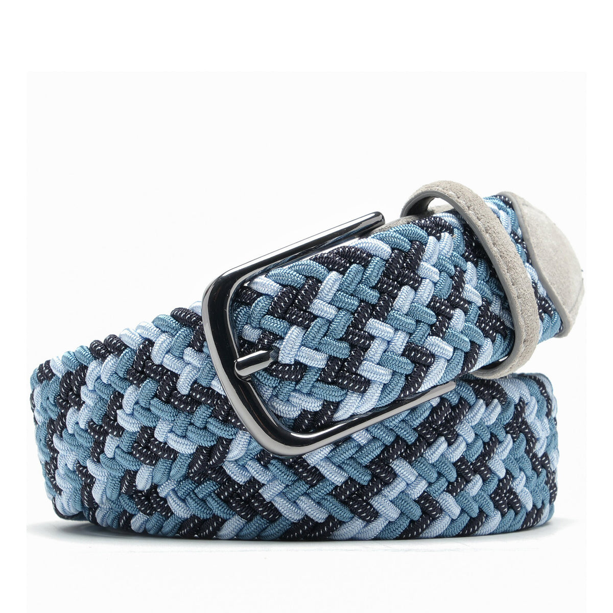 Blue braided woven belt folded beside a gunmetal single-prong buckle Main image
