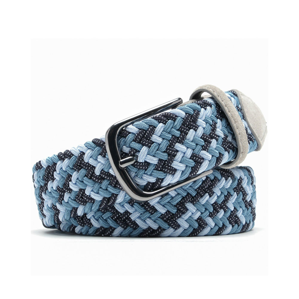 Blue braided woven belt folded beside a gunmetal single-prong buckle