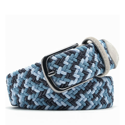 Blue braided woven belt folded beside a gunmetal single-prong buckle