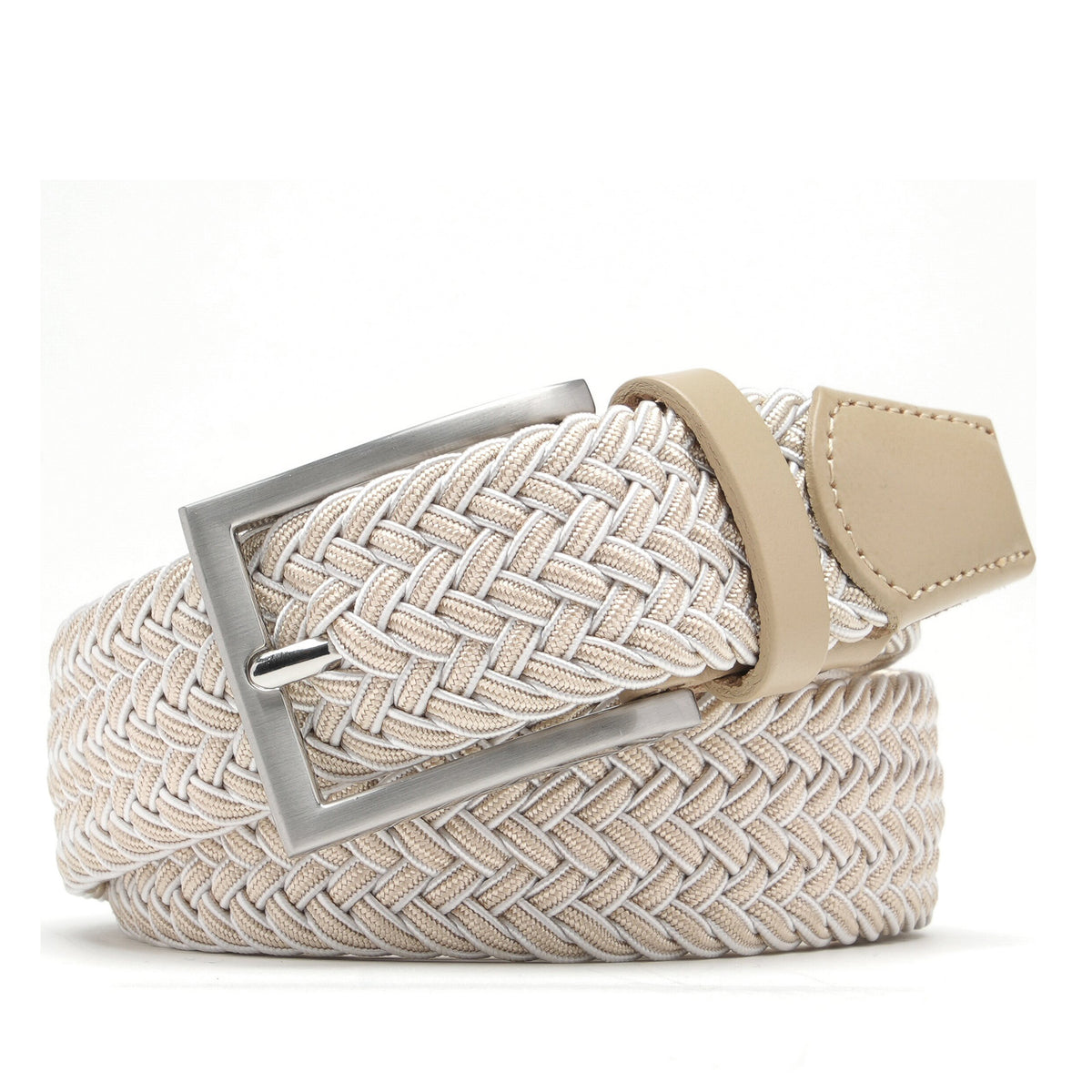 Beige braided belt folded with a rectangular single-prong buckle and leather tip Main image