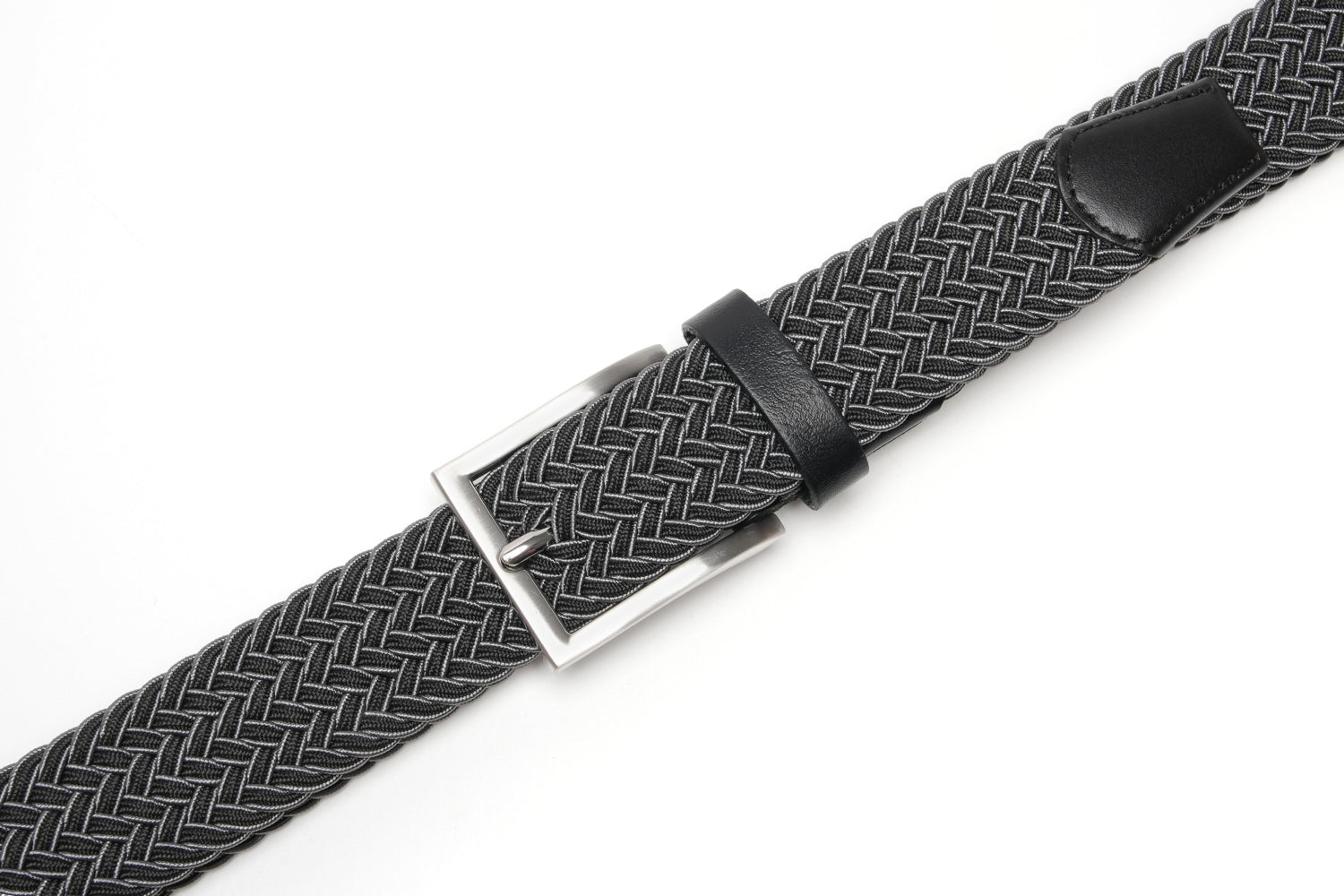 Woven Elastic Leather Trim Single Prong Buckle Men's Belt