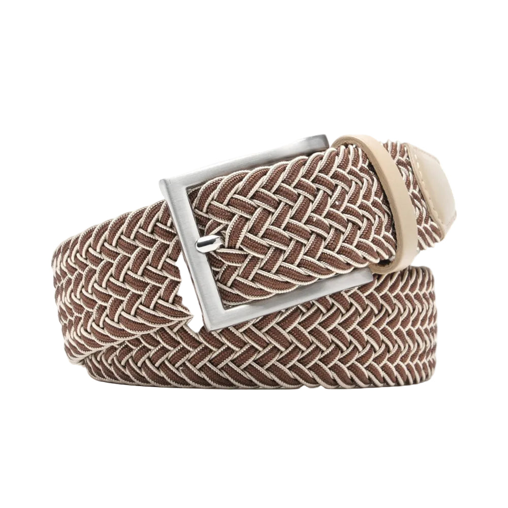 Woven Elastic Leather Trim Single Prong Buckle Men's Belt
