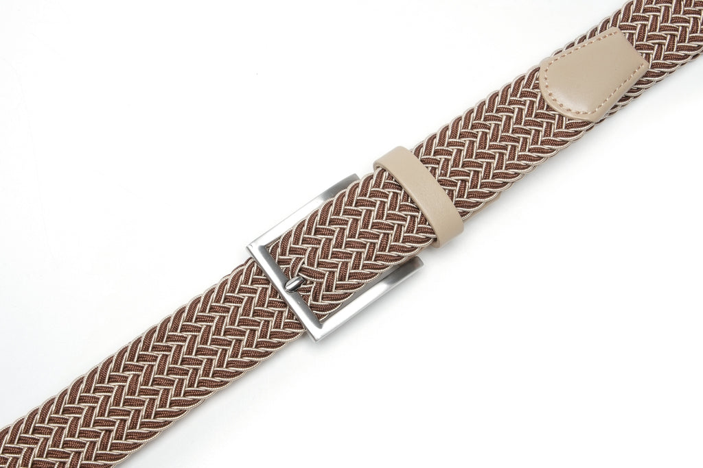 Woven Elastic Leather Trim Single Prong Buckle Men's Belt