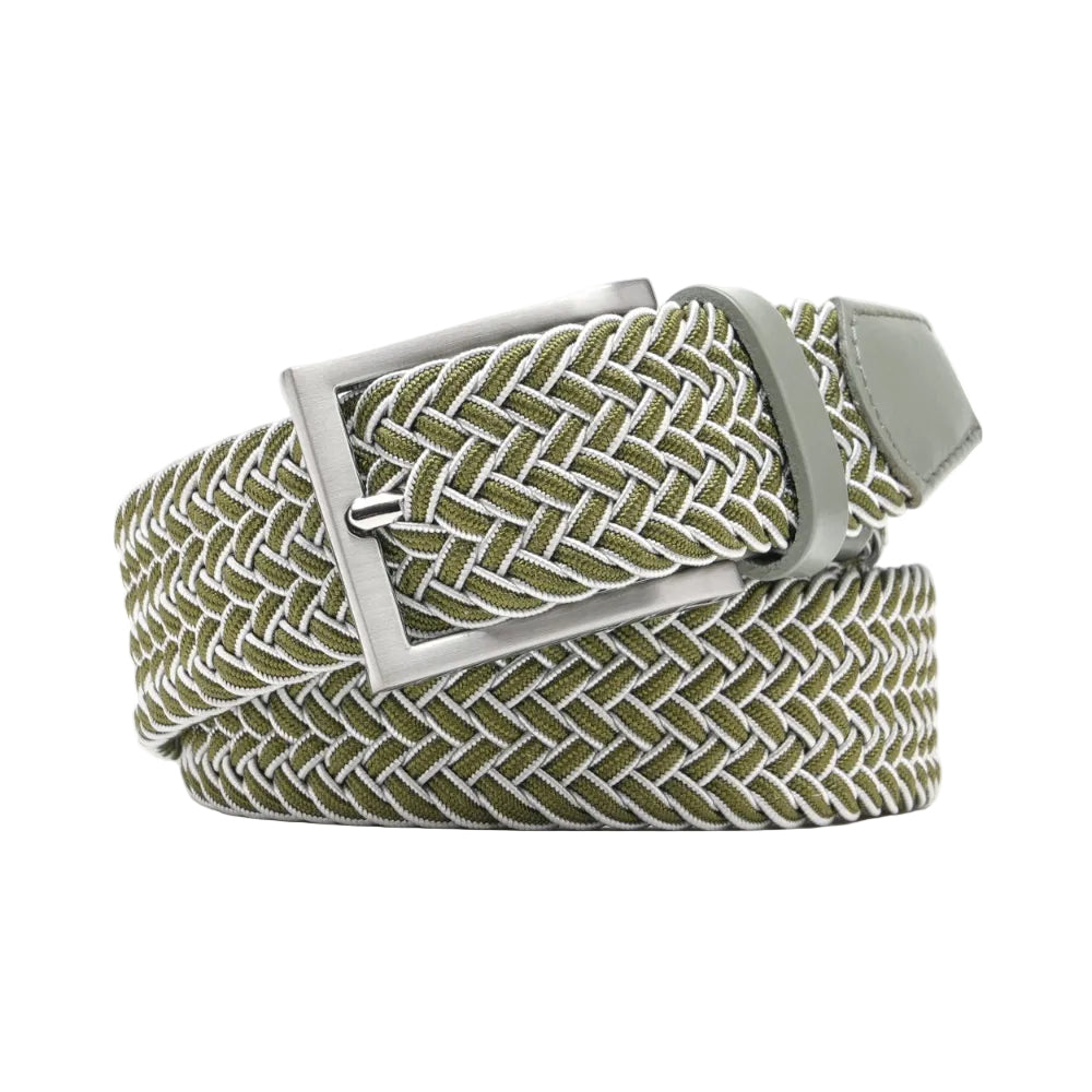 Woven Elastic Leather Trim Single Prong Buckle Men's Belt