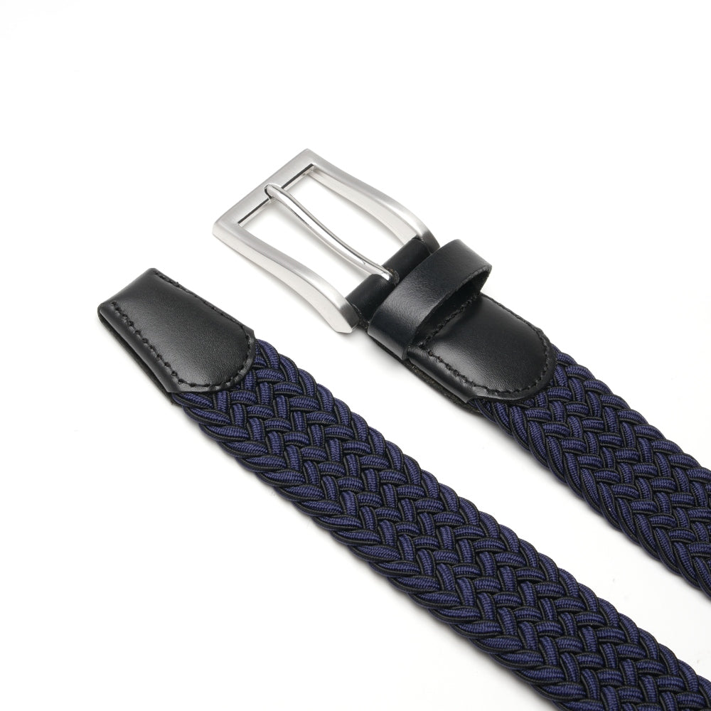 Woven Elastic Leather Trim Single Prong Buckle Men's Belt
