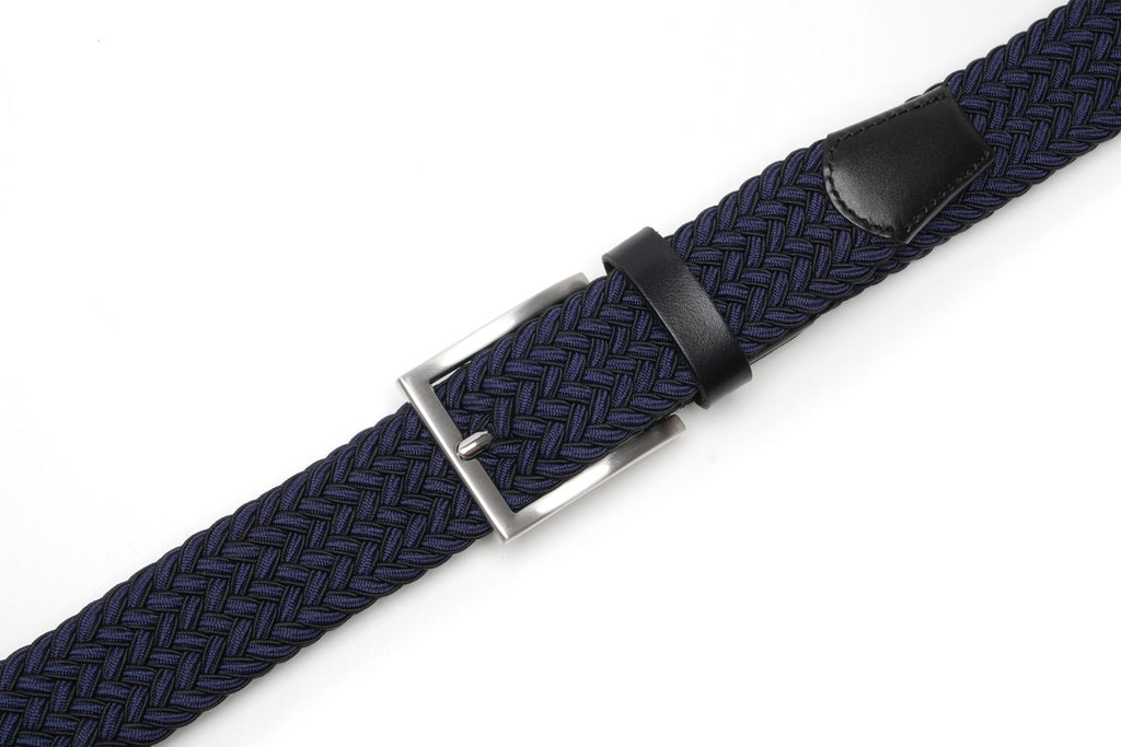 Woven Elastic Leather Trim Single Prong Buckle Men's Belt