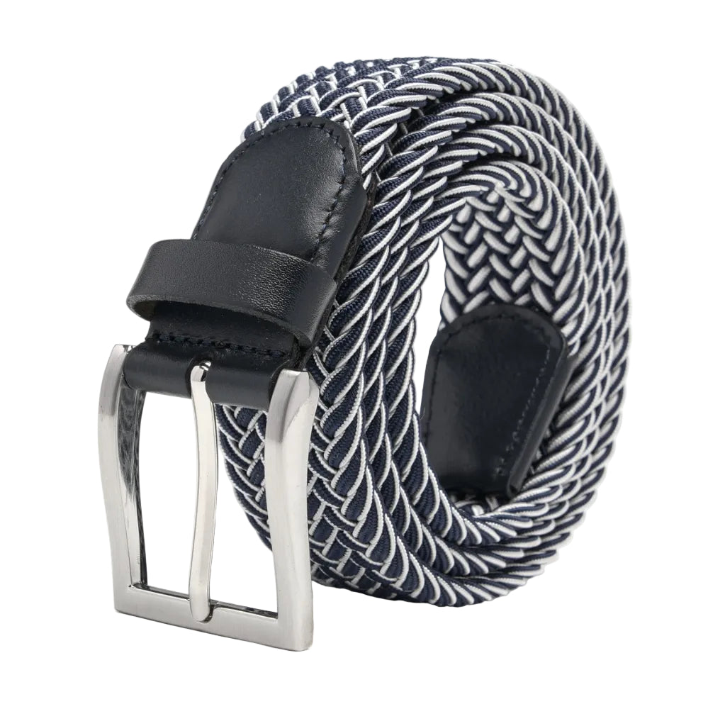 Woven Elastic Leather Trim Single Prong Buckle Men's Belt