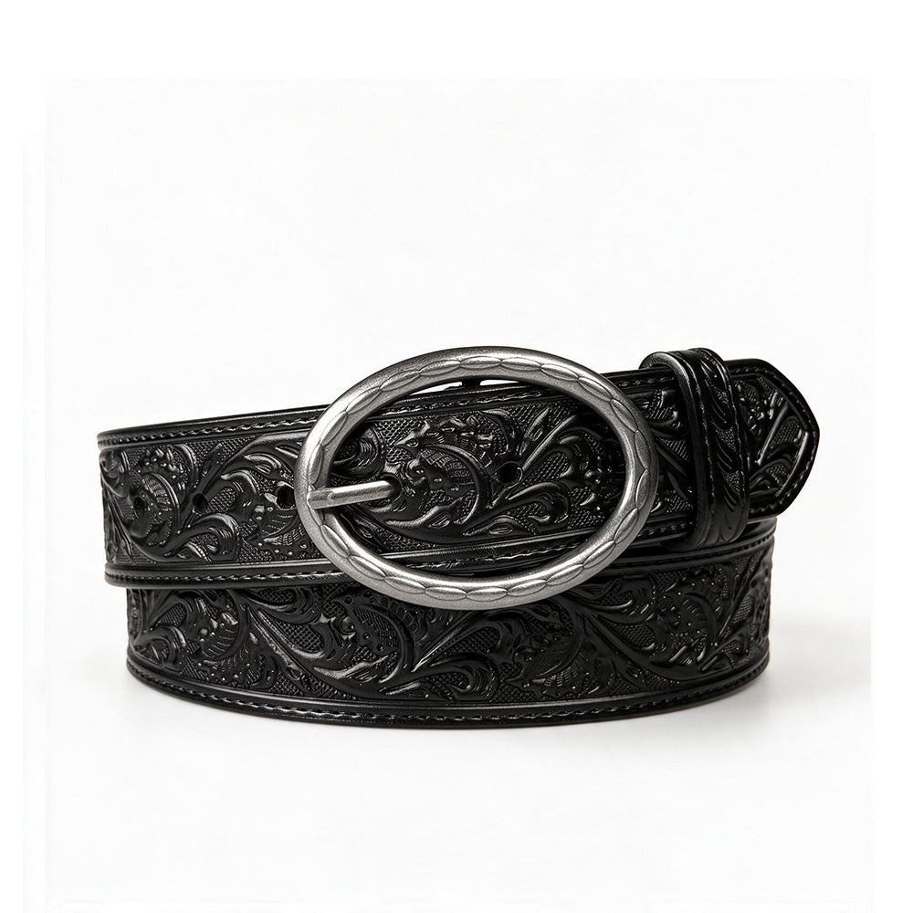 Men's 1.5-Inch Embossed Leather Casual Belt with Oval Buckle