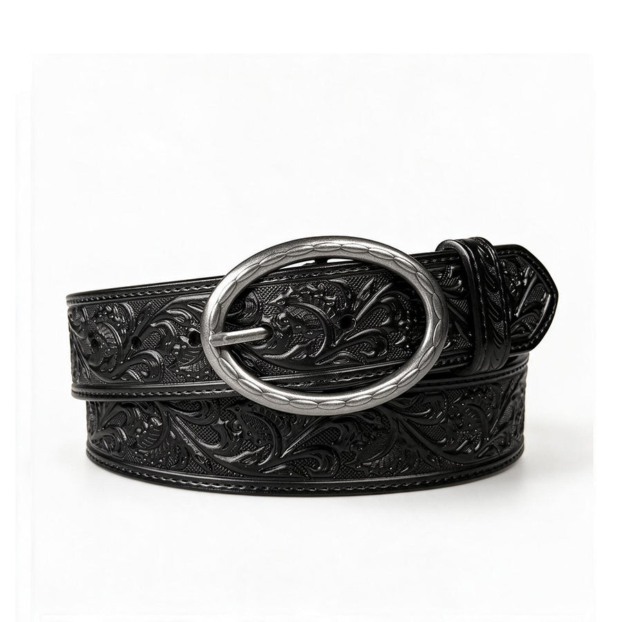 Men's 1.5-Inch Embossed Leather Casual Belt with Oval Buckle