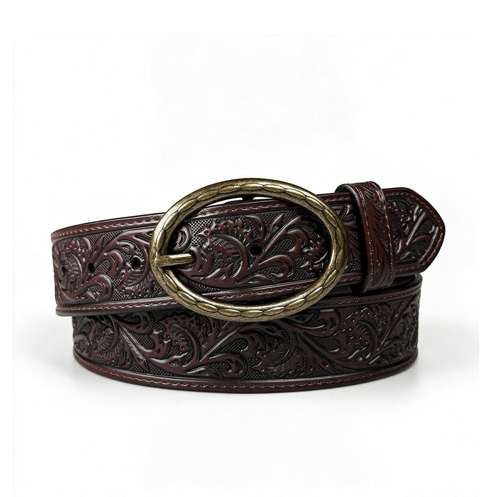 Men's 1.5-Inch Embossed Leather Casual Belt with Oval Buckle