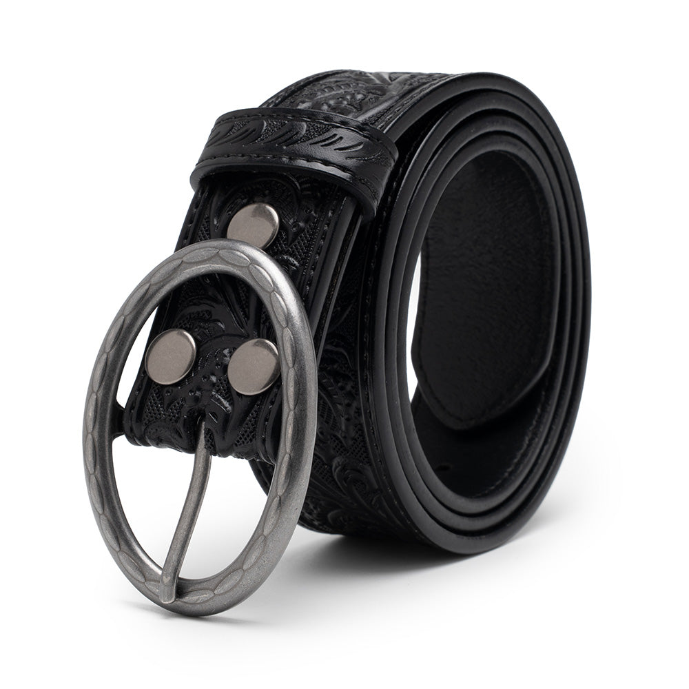 Men's 1.5-Inch Embossed Leather Casual Belt with Oval Buckle