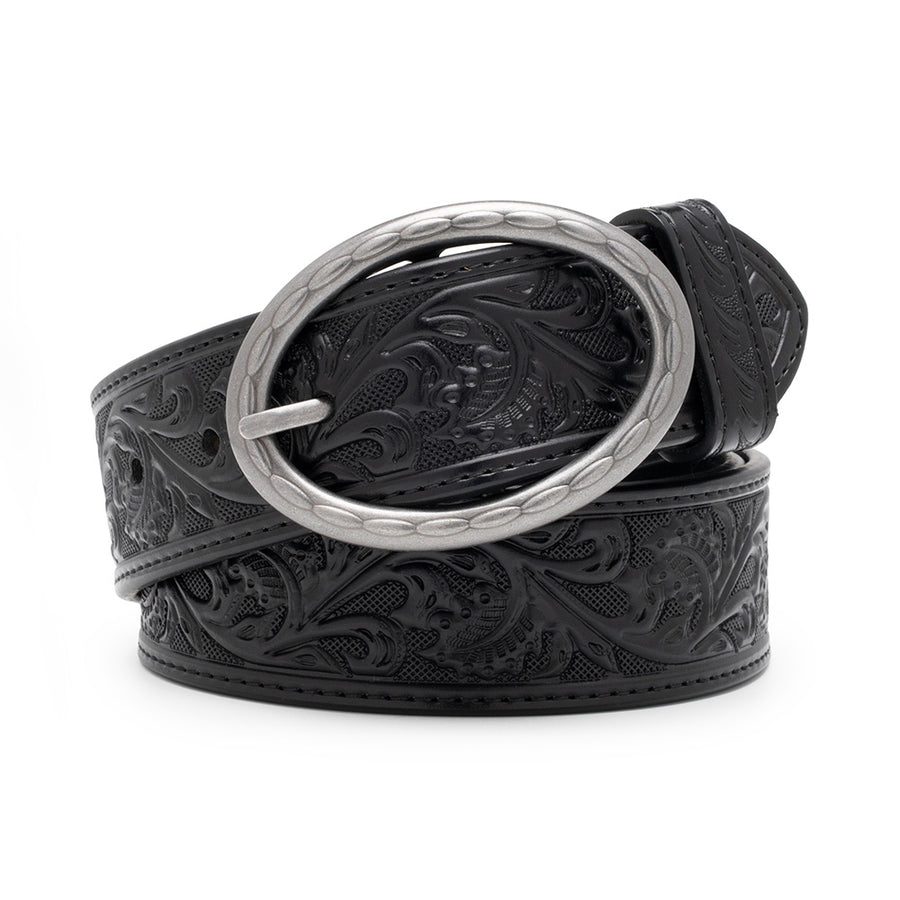 Men's 1.5-Inch Embossed Leather Casual Belt with Oval Buckle