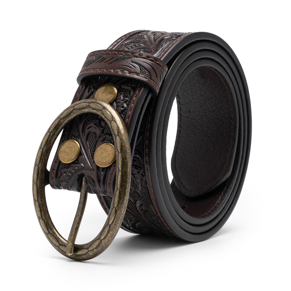 Men's 1.5-Inch Embossed Leather Casual Belt with Oval Buckle