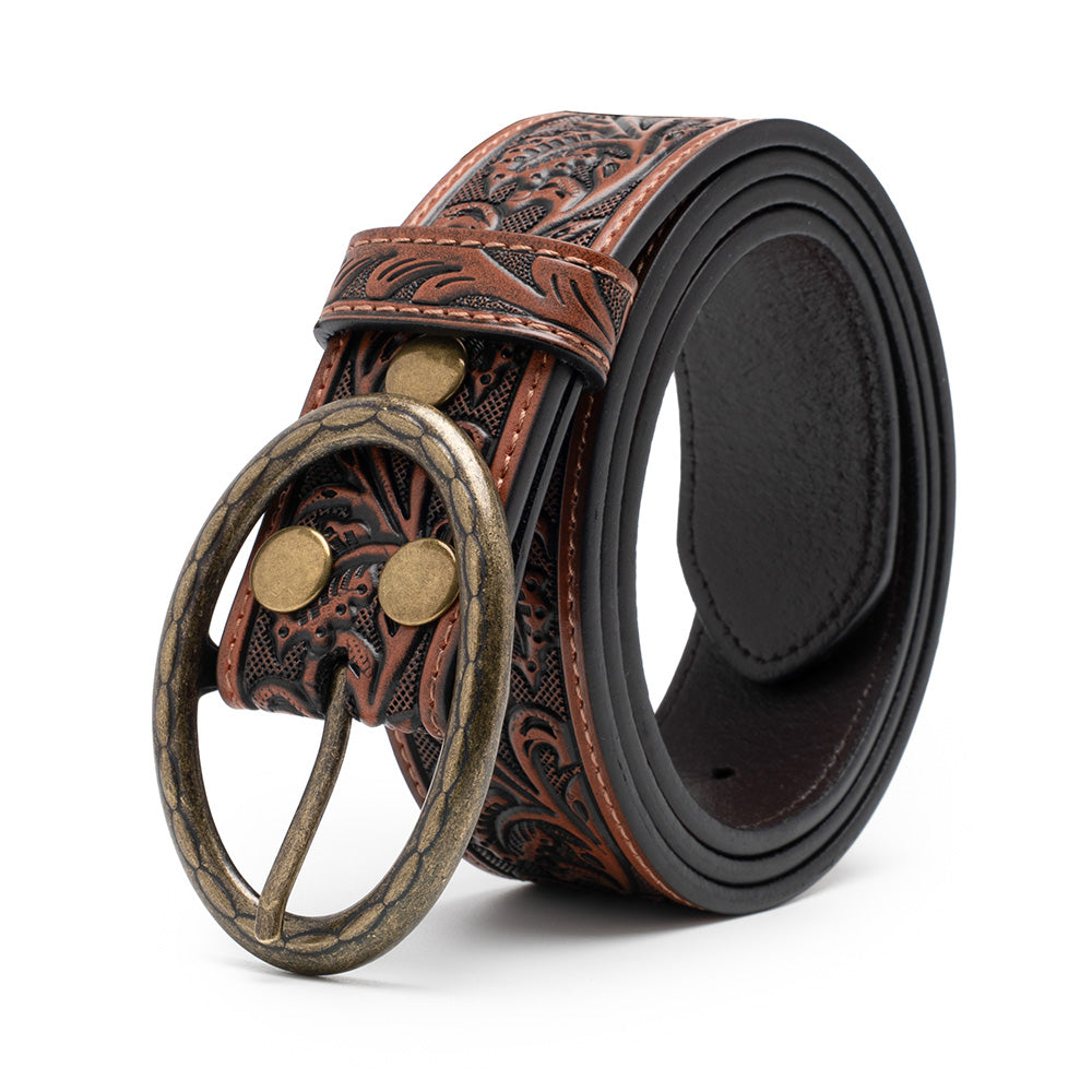 Men's 1.5-Inch Embossed Leather Casual Belt with Oval Buckle